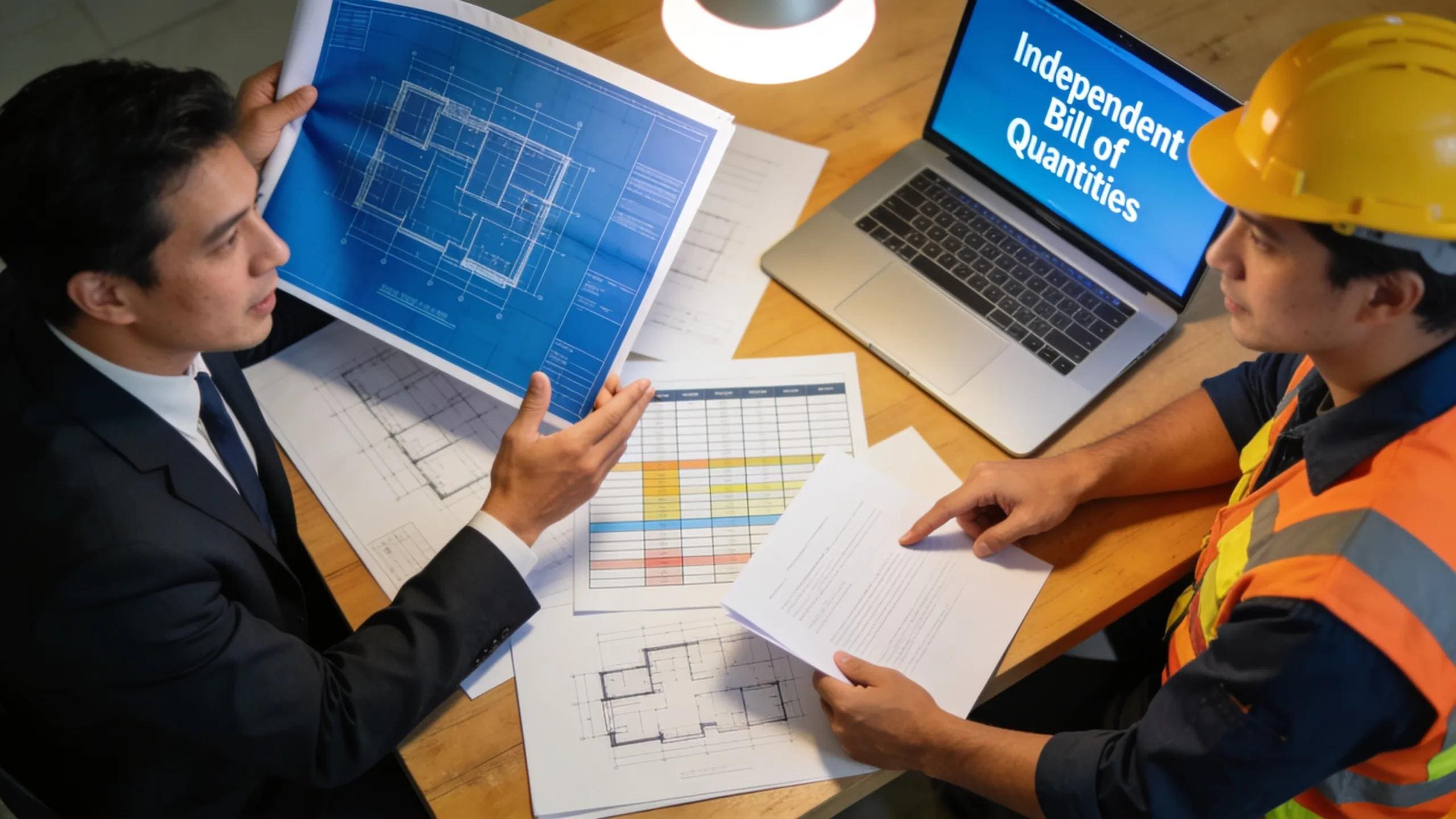 Builder reviewing independent Bill of Quantities on laptop and documents.