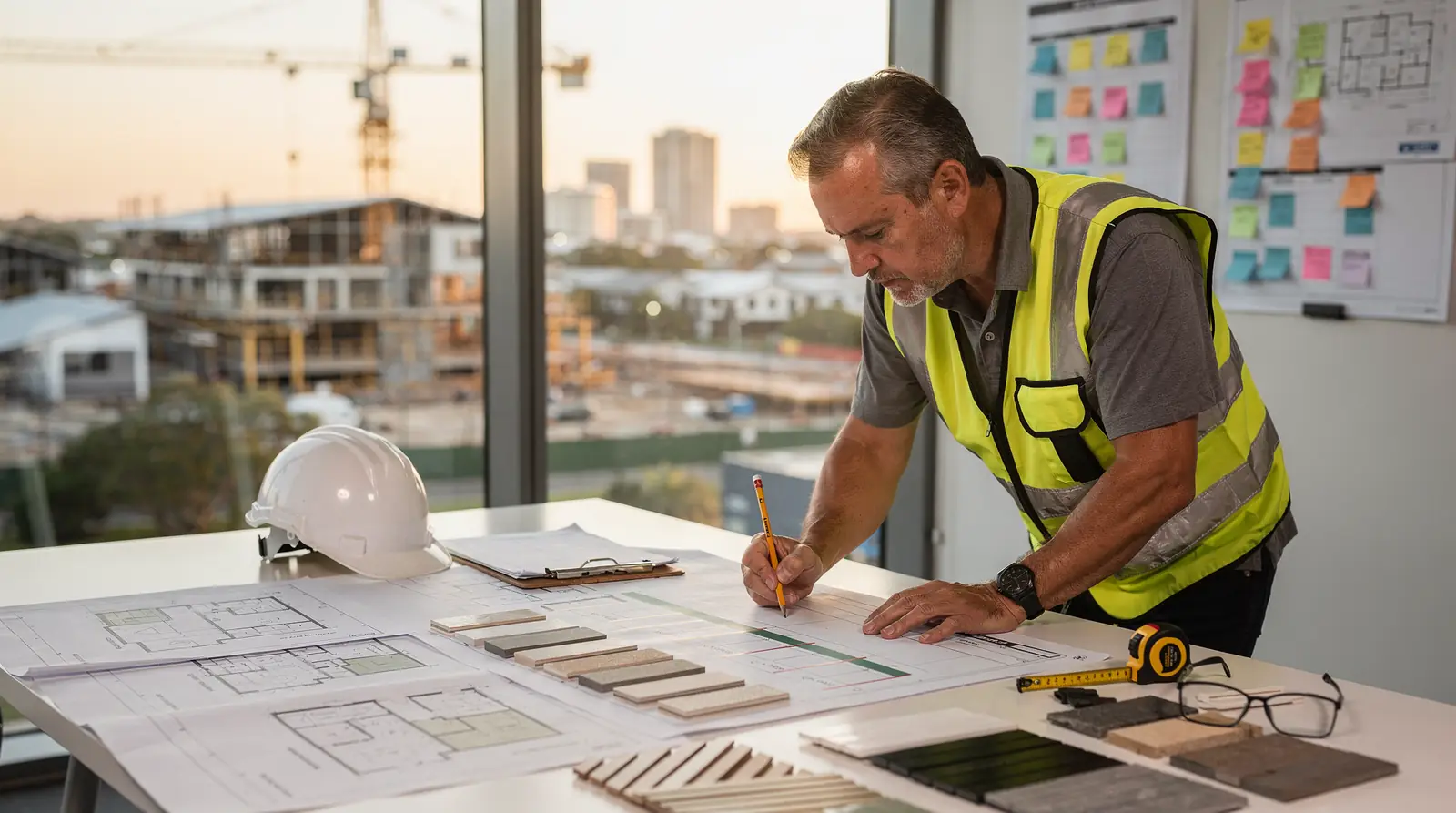 Construction worker reviewing plans and cost estimates for SEQ projects.